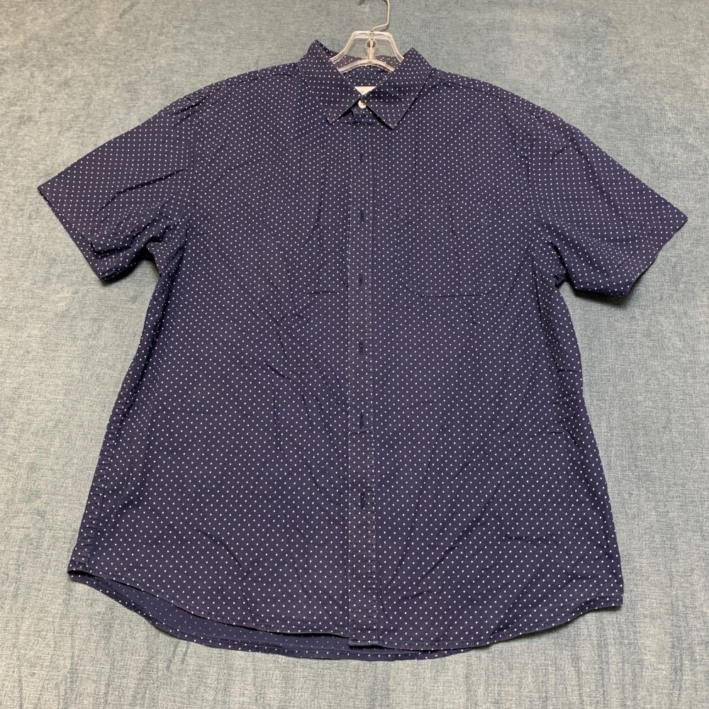 Old Navy Built In Flex Shirt Men Large Navy Blue Polka Dot Perfect Fit Button Up